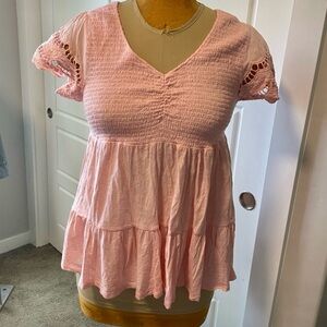 Torrid Light Pink Smocked Blouse with Lace Sleeves